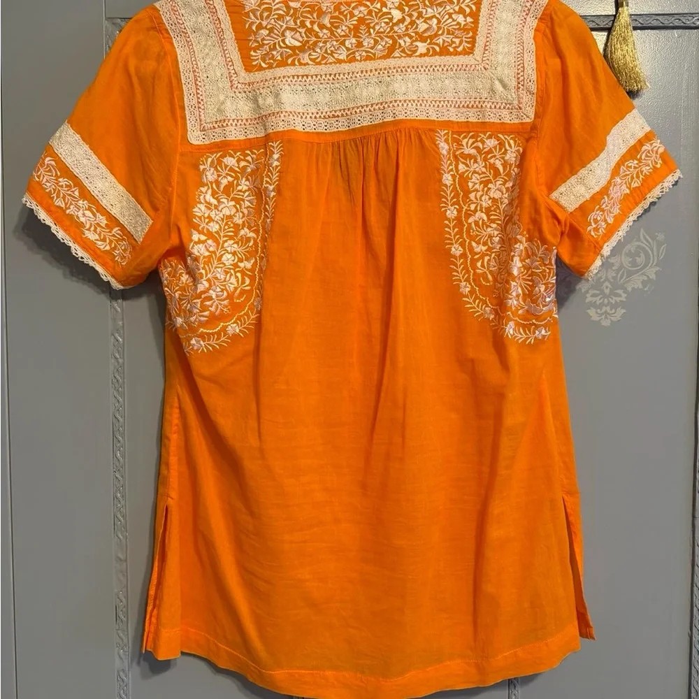 Tory Burch Orange Embroidered Cotton Tunic Top